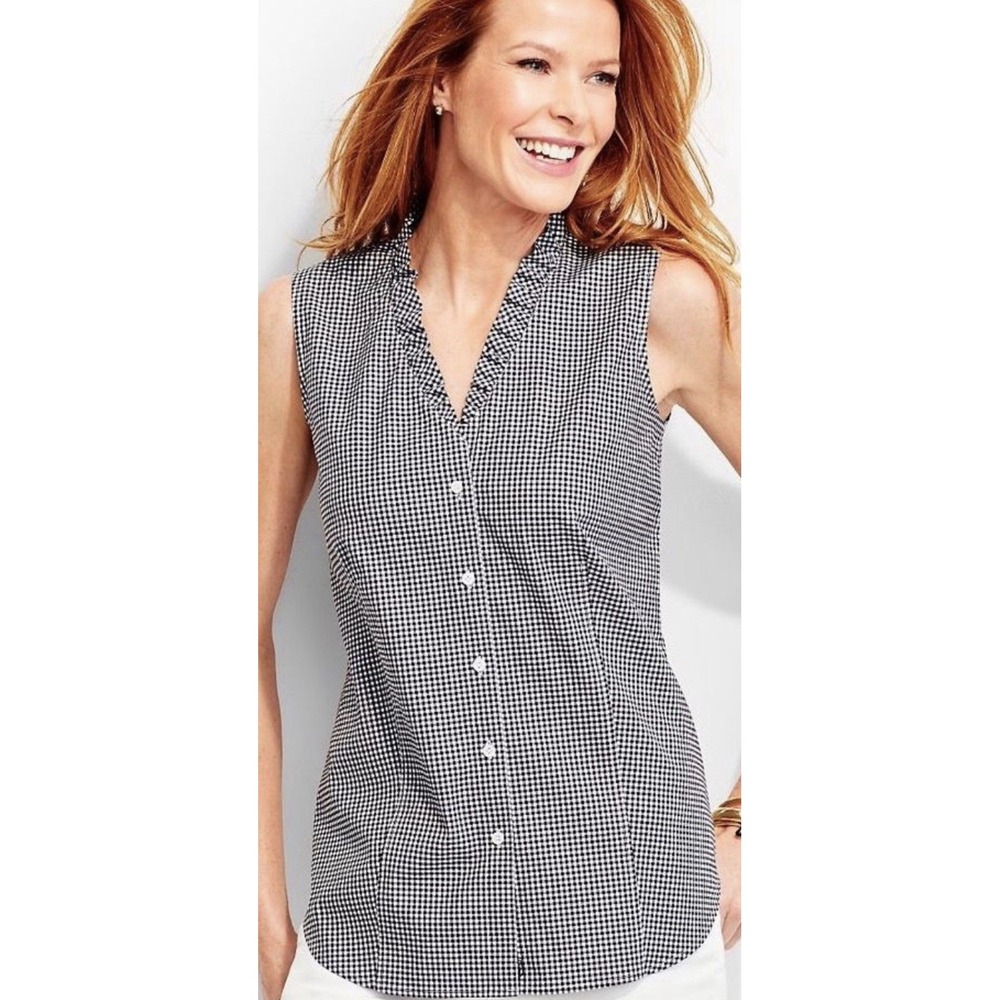 Talbots 16 W Black Gingham Button Up Shirt Wrinkle Resistant Ruffle Neck Blouse